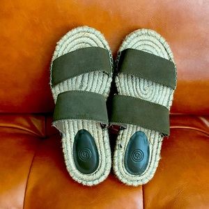 Olive green and tan thick platform sandals